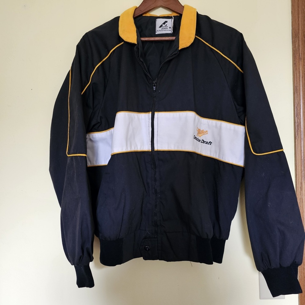 Miller Genuine Draft Jacket Mens Medium Black Grunge Made In USA‎ Vintage